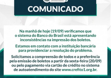 Comunicado: neste momento, o Banco do Brasil encontra-se com instabilidades no sistema de emissão de boletos