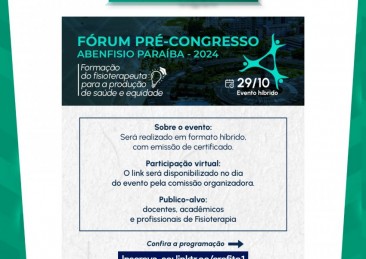 Inscrições abertas para o Fórum Pré-Congresso da ABENFISIO/PB no próximo dia 29 de outubro de 2024